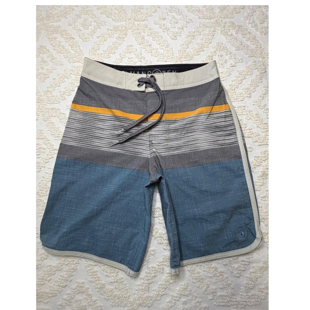 Hang Ten Striped Colorblock Board Shorts Blue Grey Yellow Size S 7/8 Swim Trunks